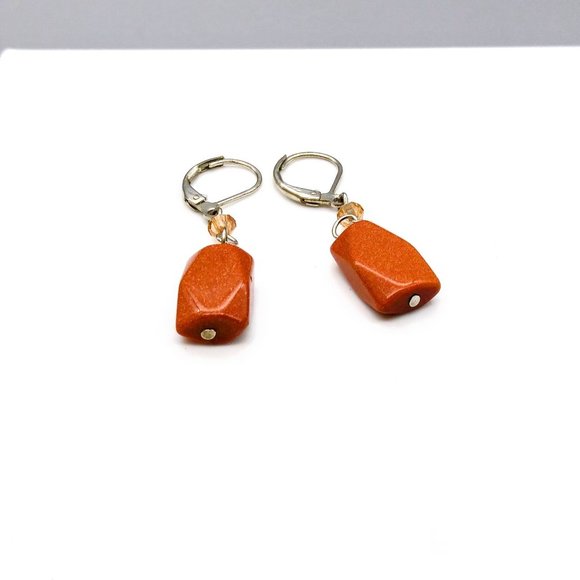 Vintage Faceted Goldstone Earrings, Shimmering Stone Dangles - Picture 3 of 3